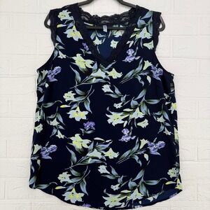 VIISHOW Floral Blouse Women Size L Navy Blue Lace Trim V-Neck Sleeveless Tank